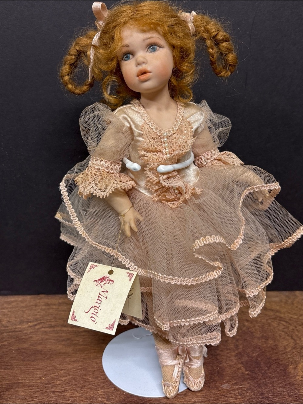 Marigio Vintage Porcelain Doll in Peach Lace and Tulle Dress